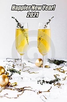 Happier New Year 2021 positive message, with two glasses of champagne