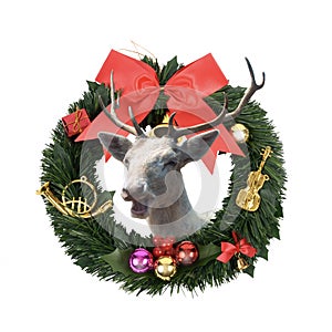 Happiess deer show its face out of christams wreath