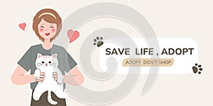 Happily cuddling beloved cat, Experiencing joy and comfort of pet ownership, Pet Adoption concept. Cartoon banner vector