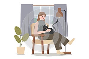 Happily cuddling beloved cat, Experiencing joy and comfort of pet ownership, Pet Adoption concept. Cartoon Vector