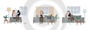 Happily cuddling beloved cat, Experiencing joy and comfort of pet ownership, Pet Adoption concept. Cartoon Vector