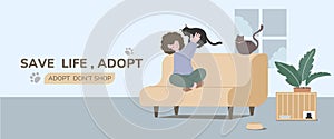 Happily cuddling beloved cat, Experiencing joy and comfort of pet ownership, Pet Adoption concept. Cartoon Vector
