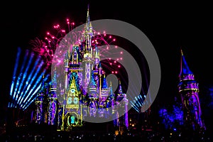 Happily Ever After is Spectacular fireworks show at Cinderella`s Castle on dark night background in Magic Kingdom  1