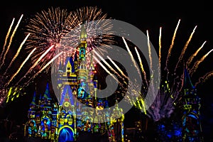 Happily Ever After is Spectacular fireworks show at Cinderella`s Castle on dark night background in Magic Kingdom  50