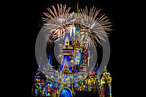 Happily Ever After is Spectacular fireworks show at Cinderella`s Castle on dark night background in Magic Kingdom  49