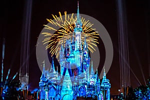 Happily Ever After is Spectacular fireworks show at Cinderella`s Castle on dark night background in Magic Kingdom  39