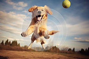 Happily Jumping Golden Retriever Catching Air in Playful Joy. Generative By Ai