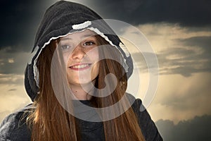 Happily  laughing teenage girl with  freckles