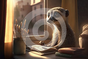 Happily smiling meerkat kid doing his homework. Generative AI