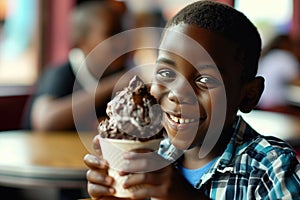 Happiness African Boy Eats Chocolate Ice Cream In Diner