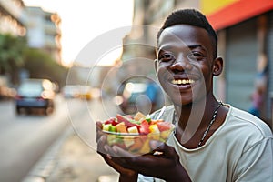 Happiness African Yearold Man Eats Fruit Salad On City Background