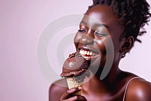 Happiness African Yearold Woman Eats Chocolate Ice Cream On White Background photo