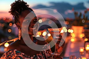 Happiness African Yearold Woman Sipping A Martini On City Background photo