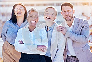 Happiness, business and team portrait of group of people outside office, happy and employees at creative startup