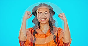 Happiness, celebration and portrait of woman with arms up on studio backdrop with mockup, winning and achievement