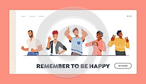 Happiness Emotions, Body Language Landing Page Template. People Showing Positive Gestures. Happy Characters Gesturing