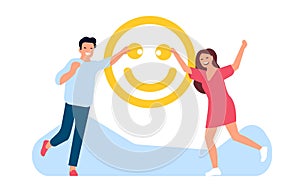 Happiness and fun. Happy people. Positive thinking and optimism. Smiling face emoticon. Optimistic man and woman showing