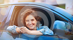 Happiness is, getting your very first car. a happy young woman holding the keys to a new car.