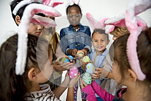 Happiness group of cute and adorable children hunting easter egg