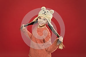 Happiness and joy. Little kid wear knitted hat. Little girl winter fashion accessory. Winter outfit. Small child long