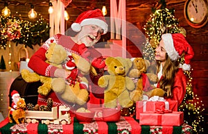 Happiness and joy. Lovely gift. Festive tradition. Happy childhood. Gift surprise. Gift teddy bear toy for kid. Boxing