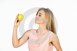 Happiness and joy. Optimistic woman. Healthy smile. Dentistry concept. Teeth whitening. Woman hold apple. Fresh and