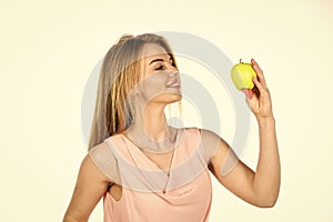 Happiness and joy. Optimistic woman. Healthy smile. Dentistry concept. Teeth whitening. Woman hold apple. Fresh and