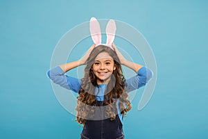 Happiness and joy. Preparing for Easter holiday. Small girl wear bunny ears. Kid in rabbit costume. Spring holidays