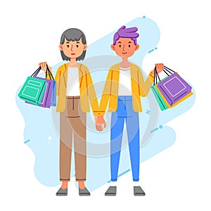 Happiness joyful shopaholic stylish fashionable couple at retail mall store carrying shopping bags