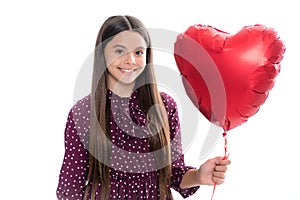 Happiness kids and love concept. Romantic lovely teen girl with red heart, world heart day, happy valentines day