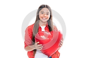 Happiness kids and love concept. Romantic lovely teen girl with red heart, world heart day, happy valentines day