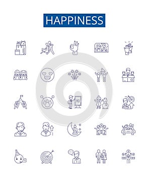 Happiness line icons signs set. Design collection of Joy, Bliss, Contentment, Fulfillment, Prosperity, Amusement