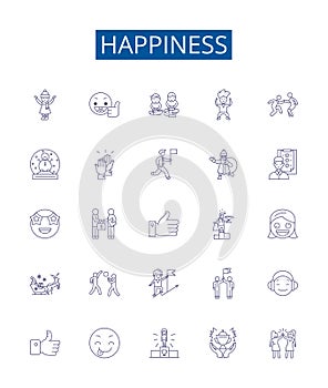 Happiness line icons signs set. Design collection of Joy, Bliss, Contentment, Fulfillment, Prosperity, Amusement