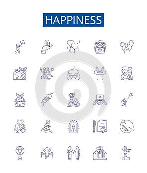 Happiness line icons signs set. Design collection of Joy, Bliss, Contentment, Fulfillment, Prosperity, Amusement