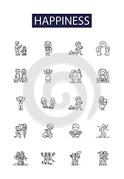 Happiness line vector icons and signs. Contentment, Bliss, Gratitude, Satisfaction, Cheer, Gladness, Ease, Zest outline