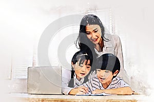 Happiness mother is teaching kids e-learning online at home in holiday weekend.