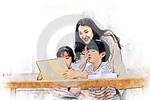 Happiness mother is teaching kids e-learning online at home in holiday weekend.