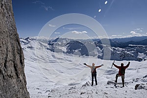 Happiness of mountaineers to reach the summit, brave status and magnificent view