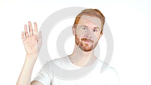 happiness and people concept - smiling redhair man waving hand