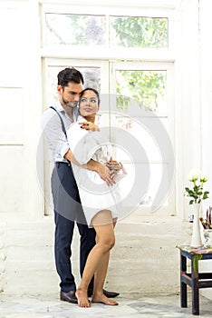 Happiness and romantic scene of love asian couples partners making eye contact