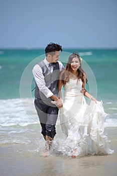 Happiness and romantic scene of love just married couple walking