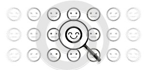 Happiness search, psychological emotion, bipolar control concept. Mental health care icon. Magnifying glass zoom. Focus