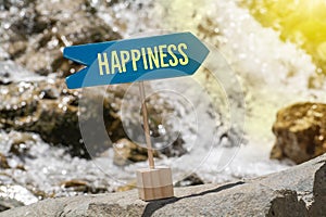 Happiness sign board on rock