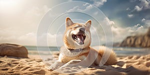 Happiness Unleashed Smiling Shiba Inu Dog Adding Joy and Cuteness to the Beach Scene. Generative AI