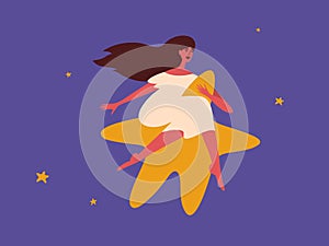 Happiness vector illustration with happy woman with long hair sitting on gold star and flying in night sky