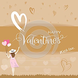 Happiness woman holding heart shape balloons and raising hand, Valentines day concept