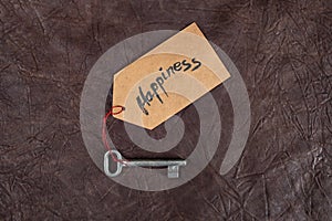 Happiness word, handwritten on a price tag key chain, on brown textured genuine leather