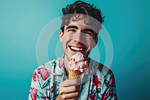 Happiness Yearold Man Eats Strawberry Ice Cream On Turquoise Background photo