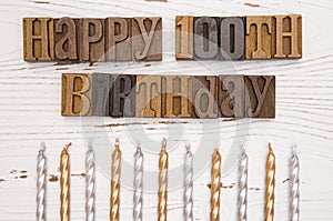 Happy 100th Birthday Spelled in Type Set