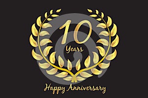 Happy 10th anniversary gold wreath laurel vector